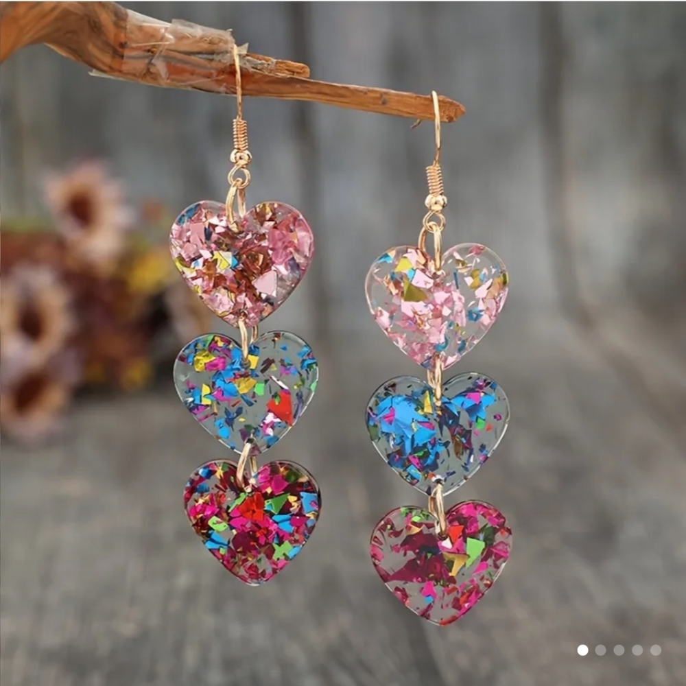 Colorful Glittery Heart Dangle Earrings